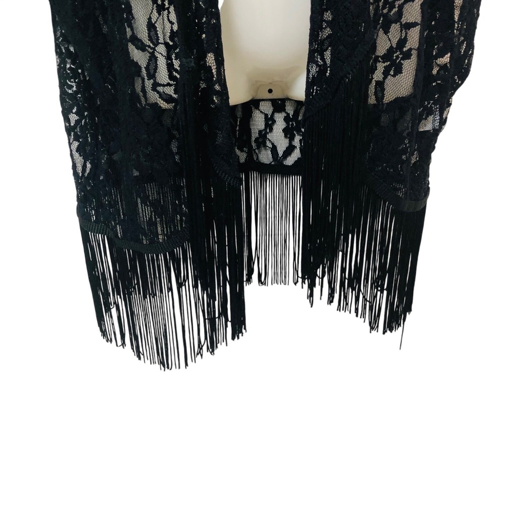 Black Lace Fringe Kimono Cardigan Whimsigoth Witchy Boho Ethereal Goth Size L - Picture 5 of 10